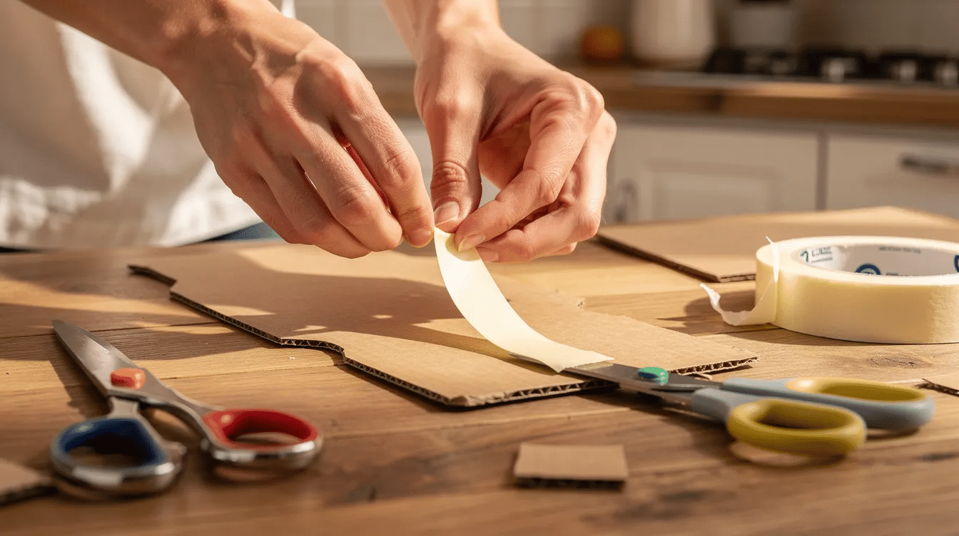 The image shows hands carefully pressing masking tape onto the edge of a cardboard craft shape on a kitchen table, which is cluttered with scissors and tape, suggesting preparation for a fun project like creating a giant carrot piñata for an Easter theme party.