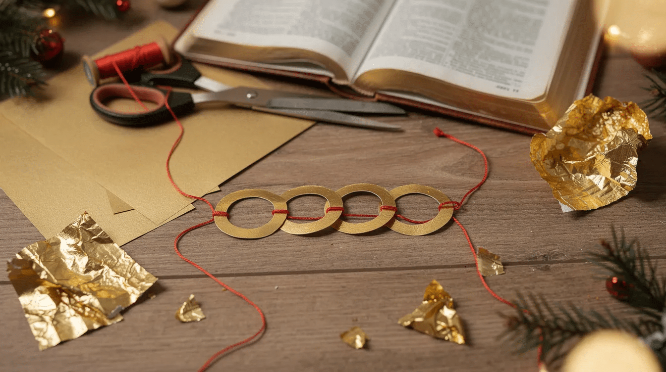 9e95a304-60ae-4dde-9222-f86de63cc5a8 The image features five golden rings, symbolizing the first five books of the Bible, crafted from gold paper and strung together, representing a festive Christmas idea. This visual embodies the spirit of the holiday season and connects to the well-known line from the Christmas carol