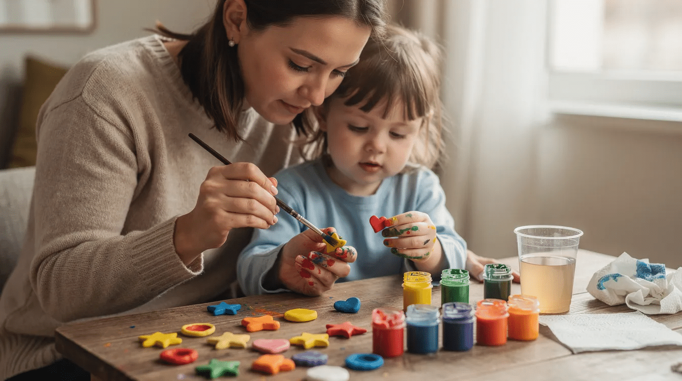 9ea077f1-3f15-48a7-9a5f-3f68e5c06dd3 A parent and young child sit together at a table, joyfully painting small air dry clay shapes in vibrant colors. Their creations, made from soft clay, reflect their imagination and creativity as they bond over this fun art project.