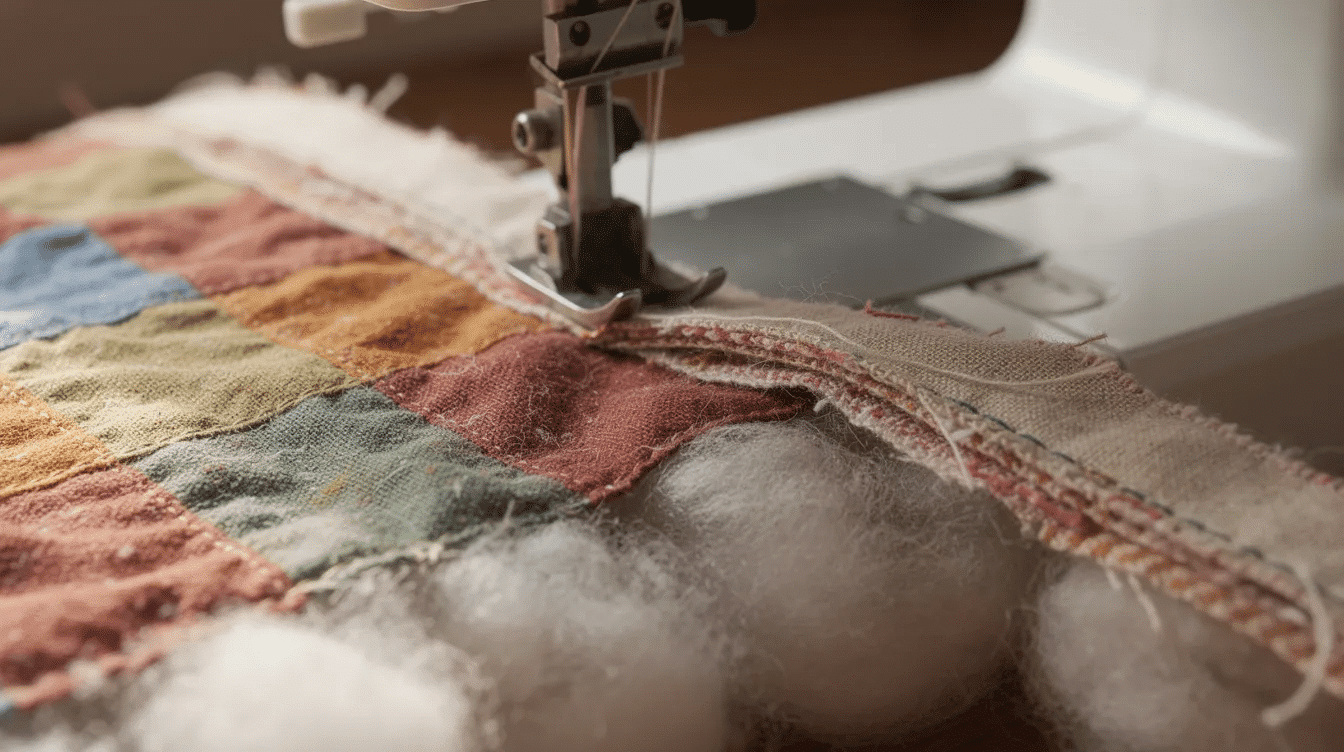 9efded16-9fbc-45b2-84ca-d8c3144351e0 A close-up view of a sewing machine in action, stitching through layers of colorful patchwork fabric, with the soft batting clearly visible underneath. This image captures the intricate details of creating cozy patchwork Christmas pillows, perfect for holiday gifts and projects.