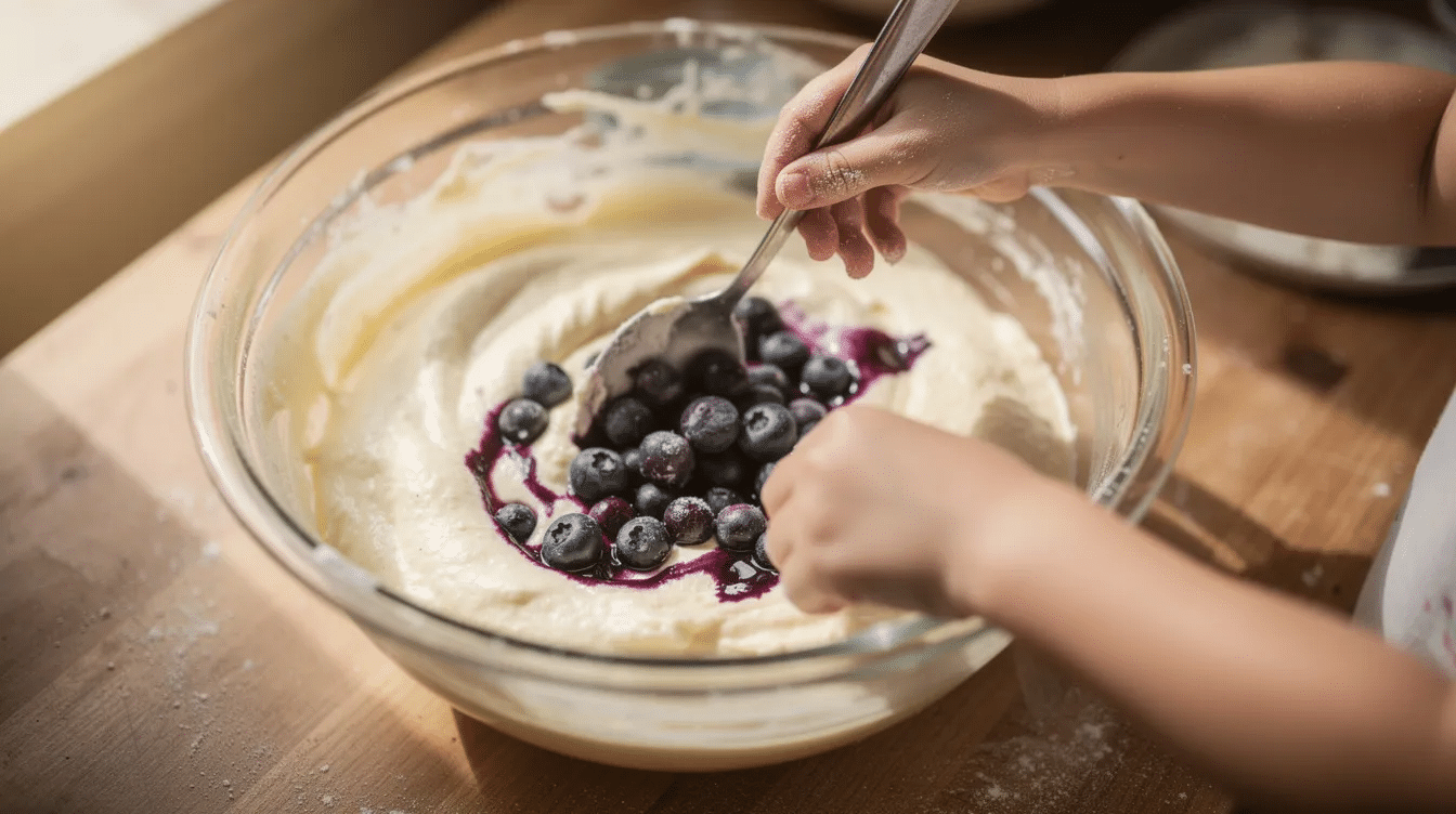 9f382f09-a41d-41a6-9fc5-a61a3cd1585f A child's hands are gently stirring fresh blueberries into a large mixing bowl filled with cake batter, ready to create a delicious lemon blueberry drizzle cake. The scene captures the joy of baking, with the vibrant blue berries contrasting against the creamy mixture.