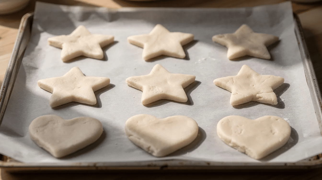 9f3d56d2-a715-4d73-800b-c23224b004a8 The image shows a baking sheet lined with parchment paper, featuring an assortment of salt dough shapes including stars and hearts, all ready to be baked in the oven. This arrangement highlights a fun and creative way to make salt dough ornaments, perfect for Christmas decorations.