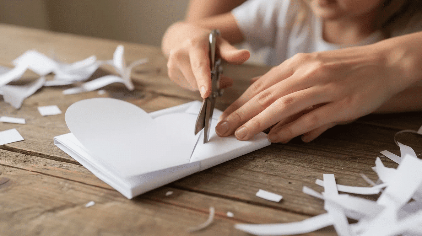 9f44176d-ff1e-4bb6-a0e6-cb123de21324 An adult hand and a child's hand are working together to cut out a heart-shaped template from folded white paper on a wooden table. The scene captures a moment of creativity and connection, emphasizing the love shared in crafting together.