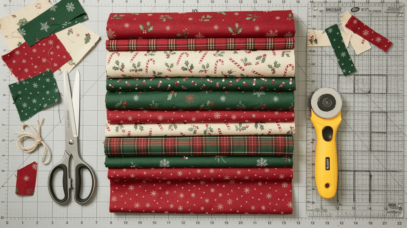 9fcb31ec-be28-417c-90b3-32ce1b289afb A flat lay displays an assortment of Christmas quilting cotton fabrics in festive reds, greens, and creams, accompanied by scissors and a rotary cutter on a cutting mat, perfect for creating cozy patchwork Christmas pillows. This arrangement invites holiday projects and sewing crafts, ideal for making personalized gifts during the holiday season.