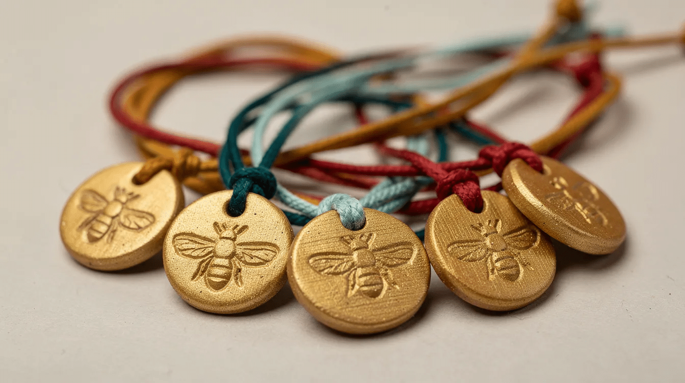 9ffe989d-4257-41b1-8edc-861e231931bb The image features several small round air dry clay pendants, each painted gold and adorned with bee stamp impressions, threaded onto colorful cords. These unique clay creations are perfect for wearing as jewelry or gifting, showcasing a blend of artistry and charm.
