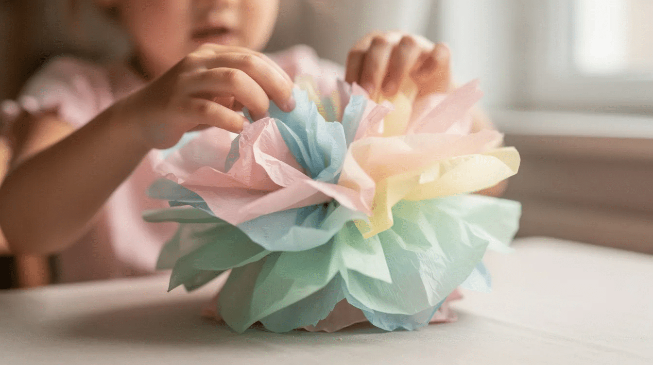 a0051b64-7df1-4a31-bfe8-fb7f6301aba1 A child is carefully pulling apart layers of pastel-colored tissue paper to create a large, fluffy pom pom flower, showcasing the joy of crafts and springtime creativity. The vibrant colors and soft texture of the pom poms add a playful touch to the scene.