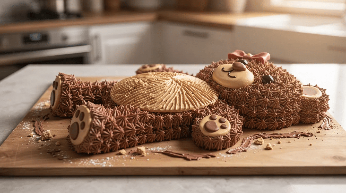 a40e19f5-00fb-46c6-acff-8996c23202e9 A cute teddy bear cake is lying flat on a large board, featuring piped chocolate buttercream fur and colorful candy decorations, all set on a kitchen counter. This adorable dessert, perfect for a child's birthday party or baby shower, showcases the delightful round shape of a teddy bear's face, complete with charming details like ears and a bear's snout.