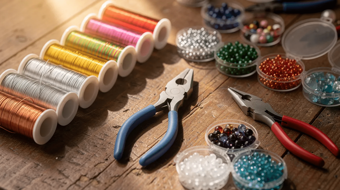 a483c236-8469-41ed-b274-9d22acfafbc4 The image features neatly arranged craft wire spools, jewelry pliers, wire cutters, and colorful beads on a wooden table, perfect for a little DIY project. This setup inspires creativity and offers all the essential tools to create beautiful wire signs and jewelry.