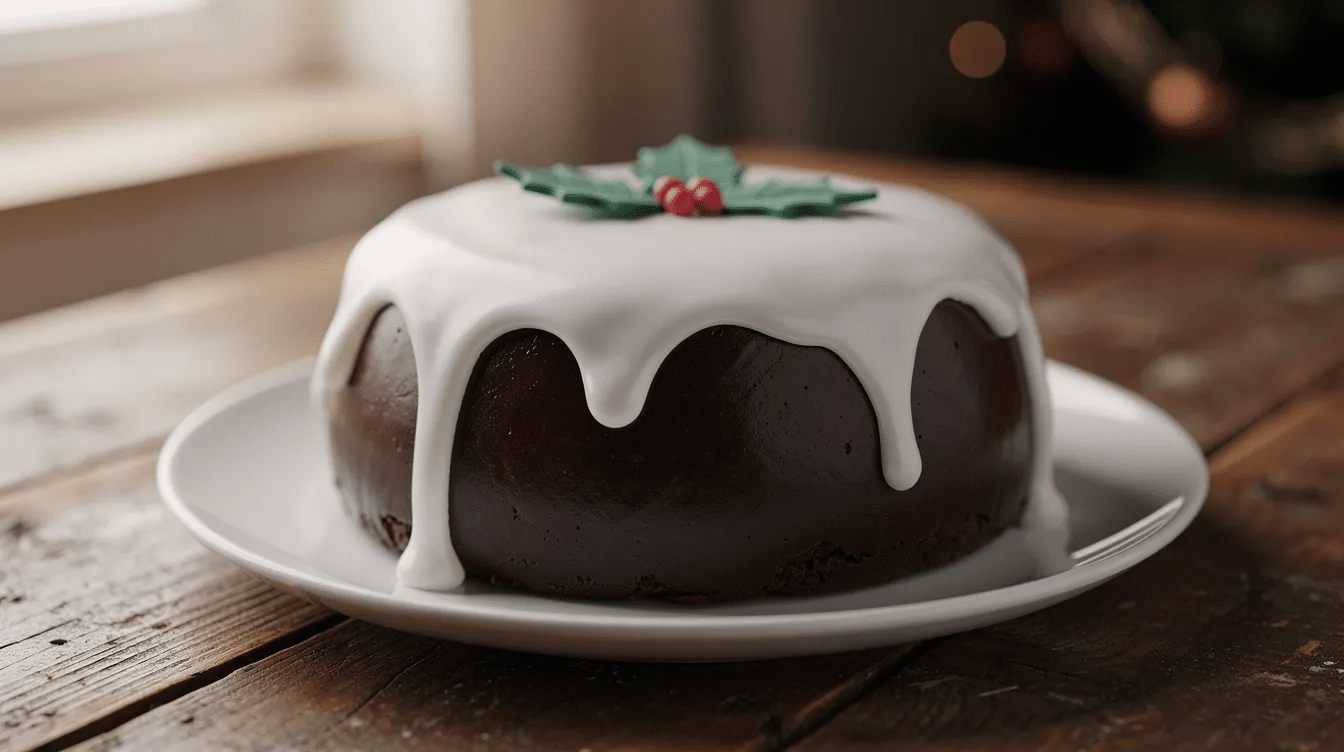 a4cf9d42-4afe-45cc-af8b-c9f5fccb574e A round dark chocolate cake, designed to resemble a Christmas pudding, features white icing dripping down its sides and is adorned with small green and red fondant holly leaves on top, resting on a wooden table. The entire cake captures the festive spirit, making it a delightful centerpiece for holiday celebrations.