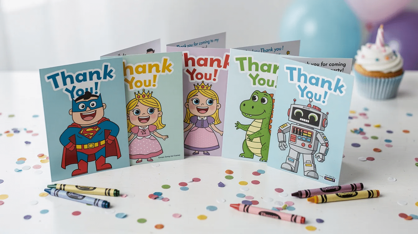 a502a973-8986-4272-9883-814cef89c9e6 A colorful thank you card featuring a beloved cartoon character, perfect for kids to express their gratitude after a big event like a birthday party. The card invites children to add a personal message, making it a fun and heartfelt way to thank friends and family.