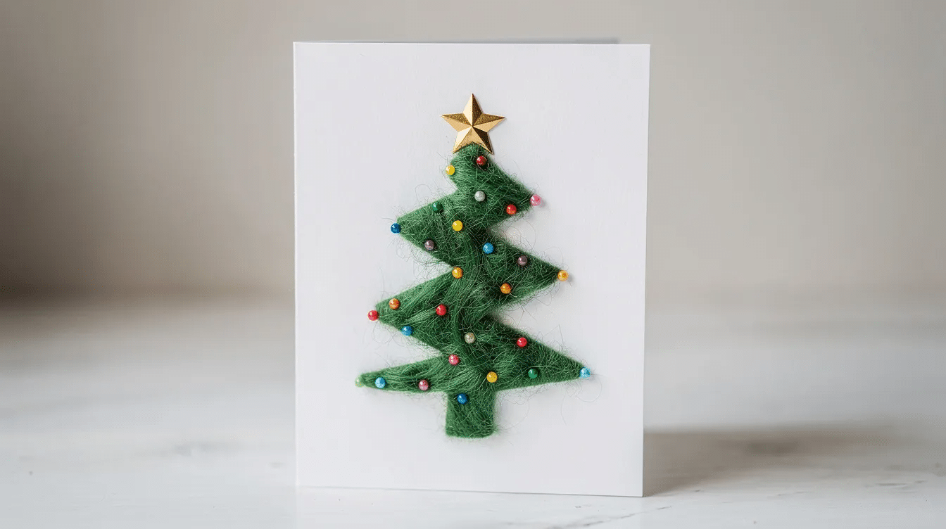 a54aff7f-7a62-4734-9429-3a5048ed3ad1 The image depicts a handmade greeting card featuring a fuzzy green zigzag tree shape crafted from pipe cleaners, adorned with tiny colorful beads and topped with a gold star. This adorable pipe cleaner Christmas tree card captures the festive spirit of the holiday season, making it a perfect decoration or gift for kids and loved ones.