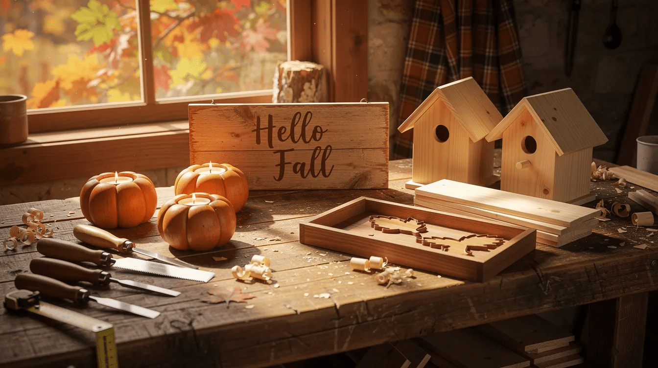 a5e049ab-564f-4546-8b66-0ab9adcdf867 This image showcases a variety of wood projects for fall, featuring charming Halloween wood crafts and rustic fall decor made from scrap wood. The projects, which include signs and cute outdoor decorations, are designed to be budget-friendly and perfect for DIY enthusiasts looking to create seasonal crafts.