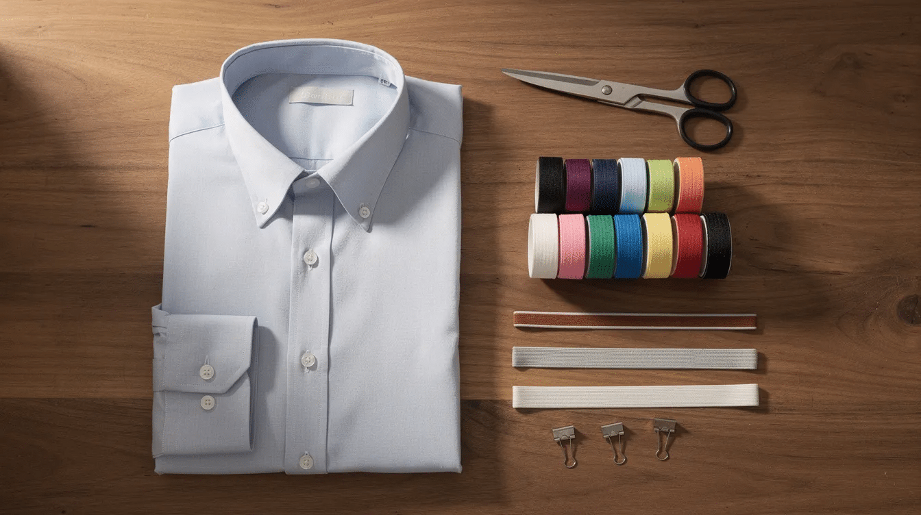 a619f6bf-90c2-4666-bd31-60cf13248466 The image features a flat lay of a men's button-up shirt alongside colorful bias tape rolls, small scissors, elastic strips, and fabric clips, all arranged neatly on a wooden table. This setup highlights essential sewing materials for DIY projects, perfect for artists and crafters looking to create or customize clothing.