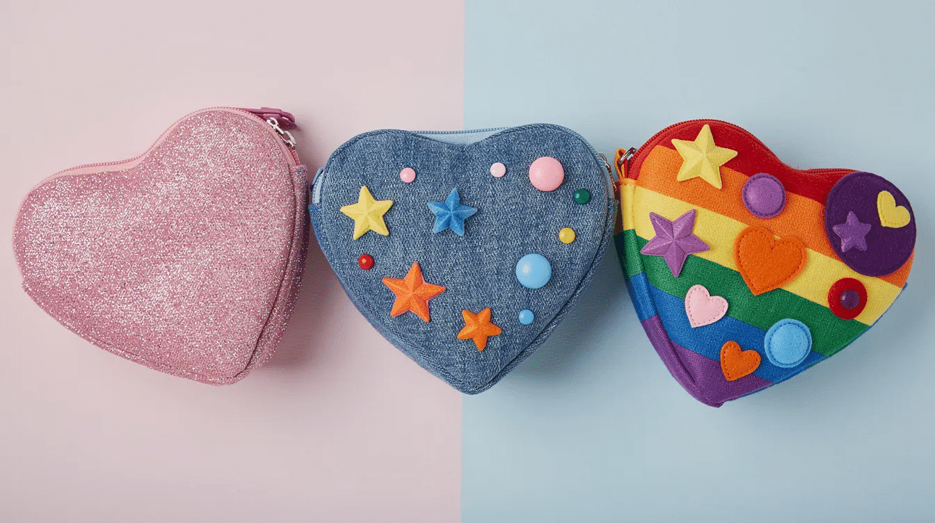 a61ba715-b6d1-44e3-8a88-d8abd6ef9dd1 A close-up flat lay features three stylish heart-shaped bags: a pink glittery bag, a denim bag adorned with colorful buttons, and a rainbow-striped bag decorated with felt shapes, showcasing a variety of fashion styles. Each bag represents a unique way to express love and individuality in accessories.