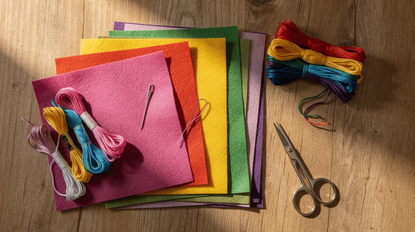 a63c787f-1b5b-4200-9a80-a25ee9746b11 A flat lay image showcases a variety of colorful felt sheets, vibrant embroidery thread skeins, a pair of scissors, and a needle, all arranged neatly on a wooden table, perfect for making a birthday crown or other joyful crafts for your little one. This simple layout invites you to discover the tools and materials needed for your next creative project.