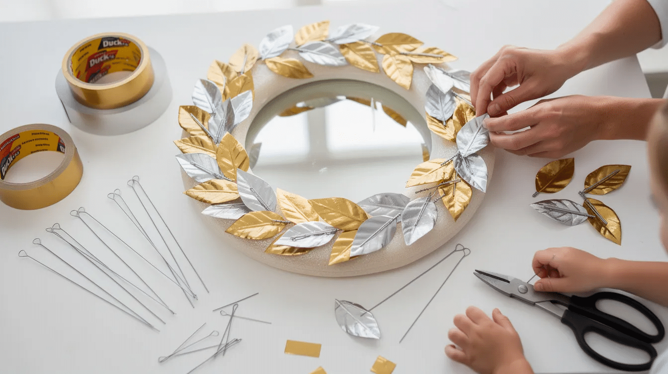 a6c24cb5-205b-4e24-9066-cc652617d5eb The image depicts a beautiful mixed metal wreath made from metallic gold and silver duct tape, featuring three-dimensional leaf shapes that are secured to a foam wreath form. This unconventional DIY wreath showcases a stylish design perfect for the holidays, with clusters of leaves arranged in the same direction, creating a visually appealing pattern.
