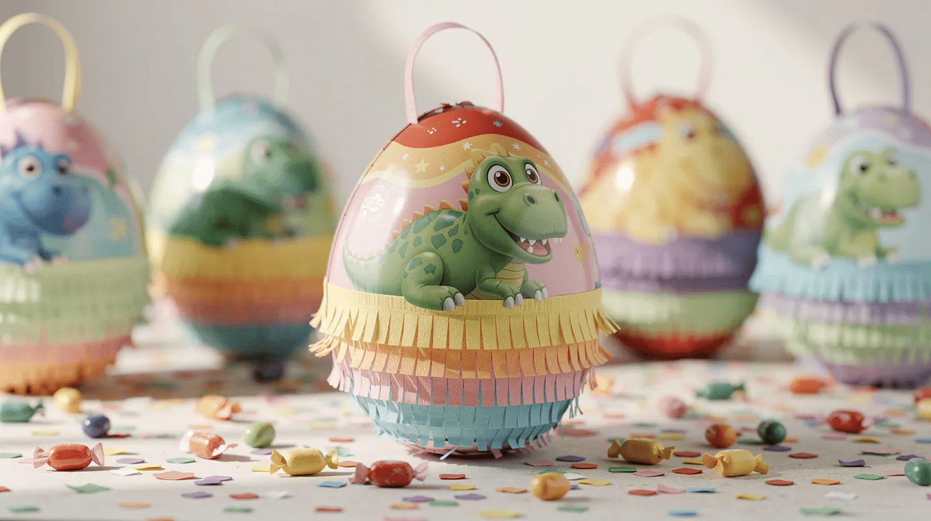 The image features a colorful collection of egg-shaped dinosaur piñatas, perfect for kids' parties and events. Each piñata is decorated with vibrant patterns, ready to be filled with candy and used in games for a fun celebration.