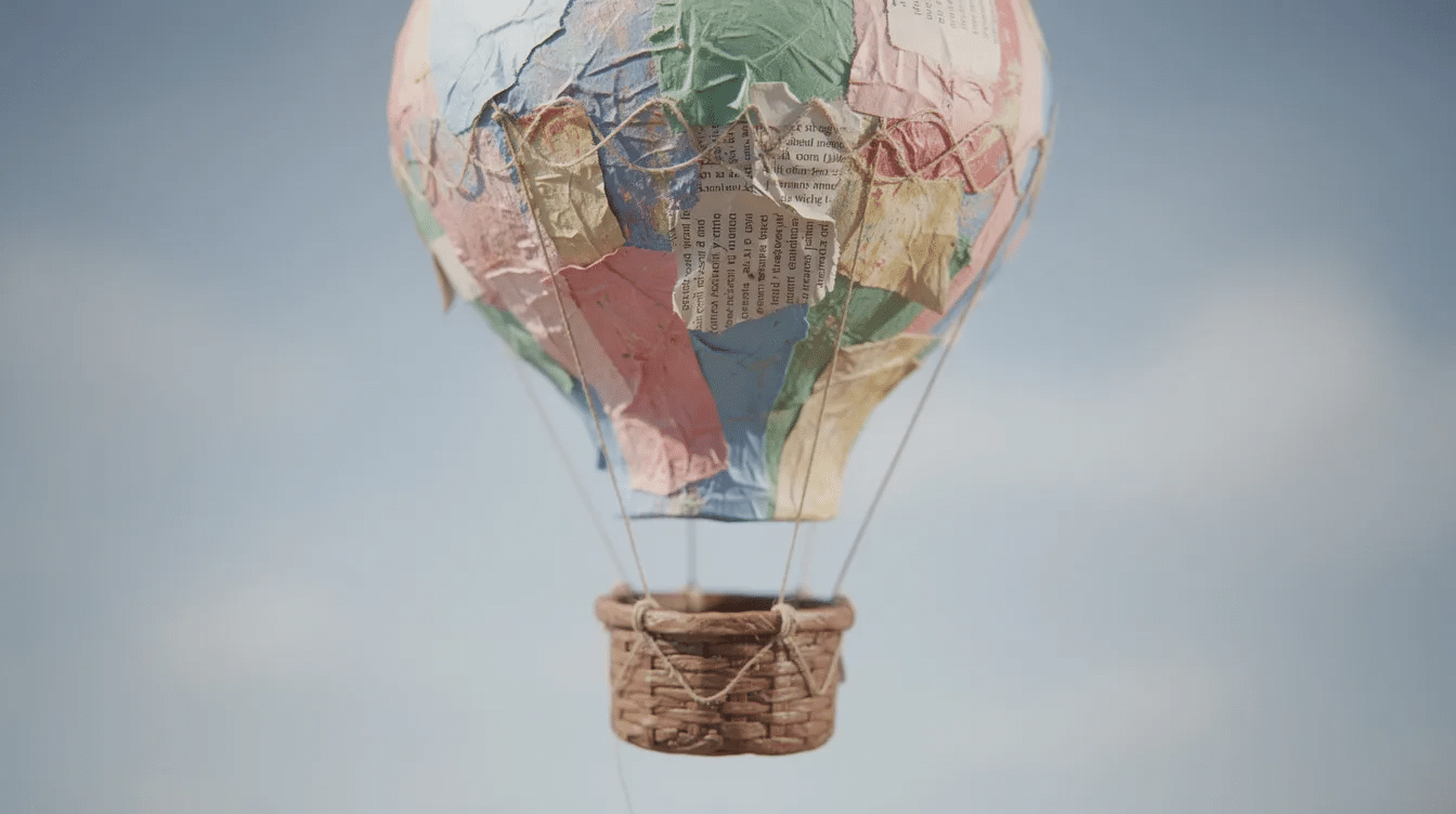 a82d4aa5-e432-41d9-8a2f-878285c25ca2 The image depicts a colorful paper mâché hot air balloon, crafted from layers of newspaper and decorated with vibrant acrylic and poster paint. It features a small opening at the bottom for hanging, and is designed as a fun project for kids to create and display in a boys' room.