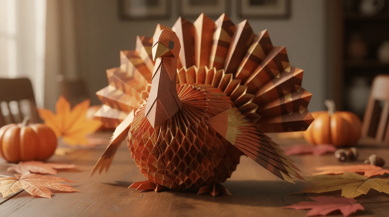 a86038b3-5335-451e-8554-655358389ba1 The image features a meticulously crafted origami turkey, showcasing the intricate details achieved through 40 folding steps, making it a challenging yet rewarding autumn project. This Thanksgiving centerpiece beautifully embodies the spirit of fall, connecting to American traditions and serving as a unique decoration for the season.