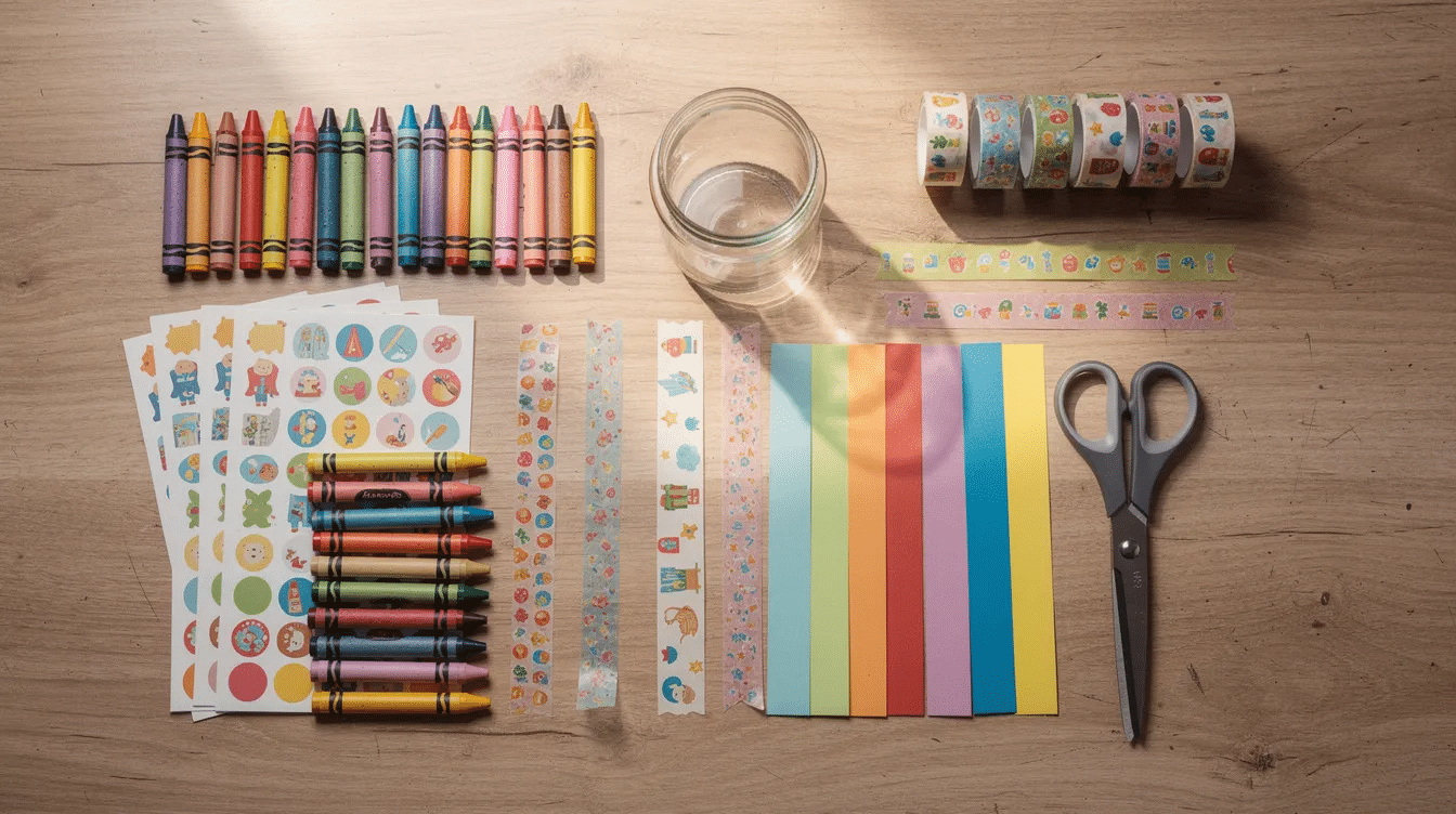 a889efb6-9808-4f02-9d46-0478c3ac53ae A flat lay of colorful craft supplies is displayed on a wooden table, featuring crayons, stickers, washi tape, paper strips, scissors, and a clean glass jar, perfect for creating a dream jar for kids to collect positive thoughts and ideas. This vibrant arrangement inspires imagination and creativity, making it an ideal setting for a child to draw and transform their dreams into reality.