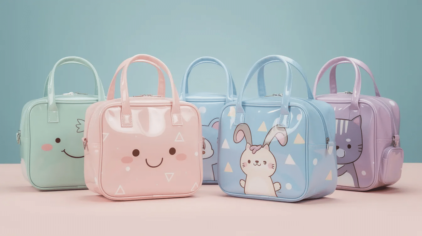 a8a8f85d-b18d-4775-9294-a920b8b668cd The image features a collection of cute vinyl lunch bags in various colors and designs, showcasing their compact and insulated features, perfect for carrying snacks and meals. Each bag is designed with fun details, making them a stylish and convenient choice for lunch totes.