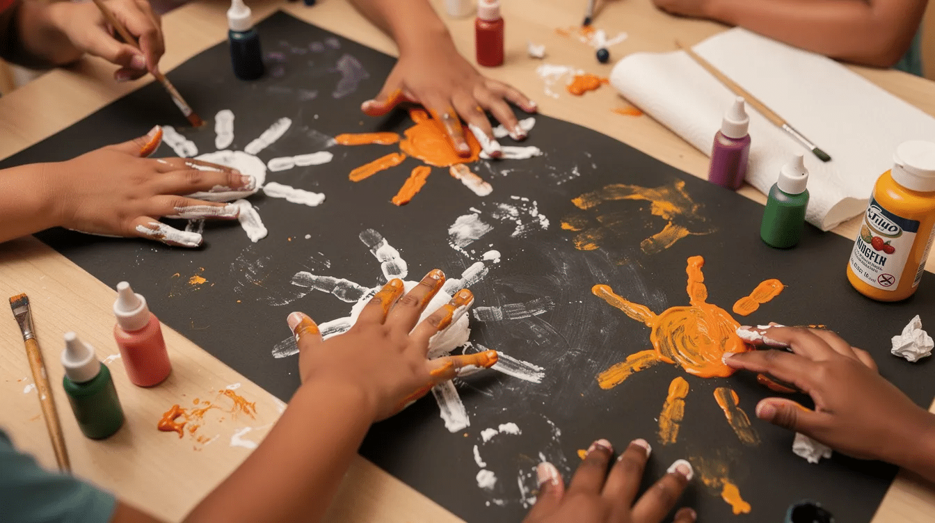 a97c47f2-5a84-4fbe-bfd8-2ecbf908b588 Children's hands are pressing colorful handprints onto black construction paper to create adorable spider shapes, showcasing a fun and creative Halloween craft. This activity not only enhances fine motor skills but also adds a festive touch to Halloween decorations.