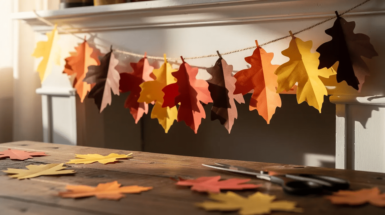 a9f2aaff-a5c7-4ac2-9b01-eea6daa59700 The image features a colorful garland made of various leaf shapes crafted from orange, yellow, and brown construction paper, showcasing the vibrant fall colors. This fun and creative way to celebrate the changing seasons is perfect for kids to proudly display as part of their autumn decorations.