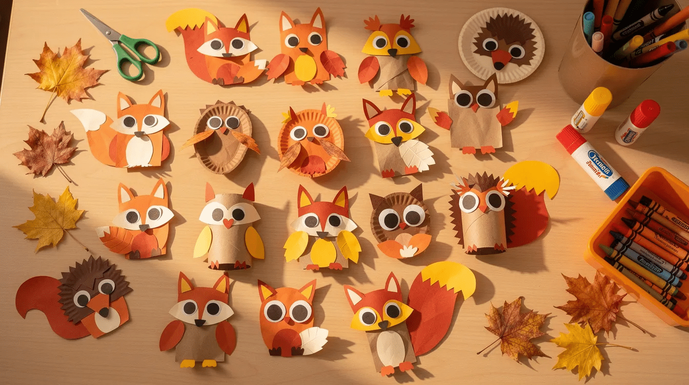 aa8e4cdf-a222-49c8-b904-f03153cdc1db The image features a variety of fun fall animal crafts made from construction paper, paper plates, and toilet paper rolls, showcasing adorable woodland creatures like owls and squirrels. This colorful display highlights easy fall crafts that preschoolers can enjoy, promoting fine motor skills and imaginative play while celebrating the fall season.