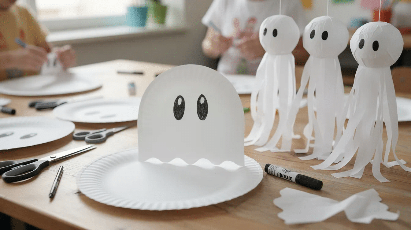 ab1b8880-ba9d-42e8-977a-d2e110f0b125 The image shows a cheerful paper plate ghost craft, featuring a white paper plate with two large black eyes drawn on it and a wavy bottom edge that gives it a playful appearance. This easy Halloween craft is perfect for kids, allowing them to use their creativity and fine motor skills to create adorable decorations for the spooky season.
