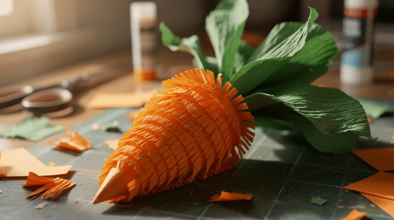 A handmade orange fringed paper carrot craft, complete with a vibrant green leafy crepe paper top, is displayed on a craft table, perfect for an Easter theme party or as a fun decoration for an orange veggies birthday celebration. This charming carrot piñata adds a festive touch to any event, inviting creativity and joy for kids and guests alike.