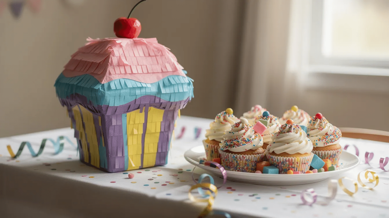 acc82570-a3b7-406b-b2a7-2835d9ca0991 A large, colorful cupcake piñata stands proudly on a party table next to a plate filled with frosted vanilla piñata cupcakes, each adorned with vibrant sprinkles. The festive display showcases the fun and creativity of baking, making it a huge hit at any celebration.