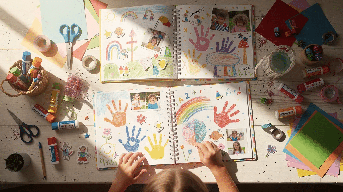 ae995a15-e2d0-4120-a287-059732615a70 The image features a colorful DIY kids art scrapbook filled with vibrant pages showcasing various pieces of children's artwork, photos, and crafts. Parents can easily create and organize these art portfolios to save and display their child's creative memories in a fun and engaging way.