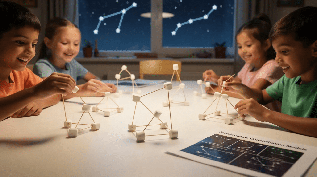 aefbf77f-3aab-464e-8726-12a2f96bb65d The image shows children engaged in a fun space craft activity, creating marshmallow constellation models using toothpicks to represent various star shapes, including the Big Dipper and Orion Nebula. This hands-on project allows kids to explore the night sky and ignite their creativity while learning about constellations and the universe.