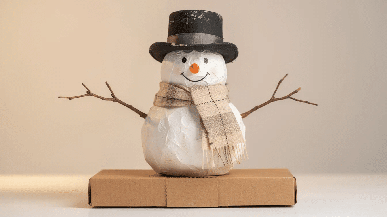 b08cc071-ce36-4d2a-a627-6ca48af95a2f The image depicts a cheerful finished paper mache snowman, complete with a fabric scarf, twig arms, and a black top hat, all sitting on a sturdy cardboard base. This delightful snowman showcases the creativity involved in making paper mache decorations, perfect for Christmas projects.