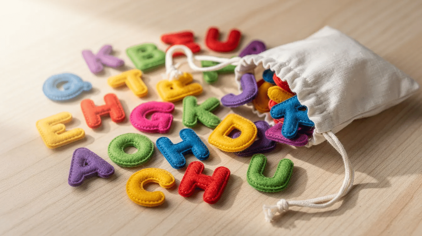 b12297a1-6e7b-4360-a9a2-1ecda57dc6d8 The image features colorful handmade felt letters in various bright colors scattered across a wooden table, accompanied by a small white fabric drawstring bag. This playful arrangement creates a fun way to learn colors and combine letters, making it an ideal learning toy for children.