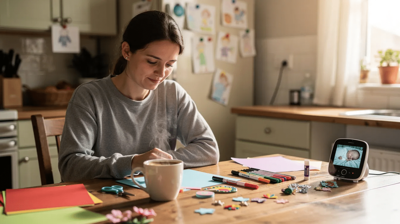 b1d4b90f-be76-4a3f-94f2-0f74c94d9341 A parent sits at a kitchen table surrounded by craft supplies, including paper and pens, while enjoying a cup of coffee; a baby monitor is visible in the background, suggesting a cozy environment for nap time crafts and fun activities.