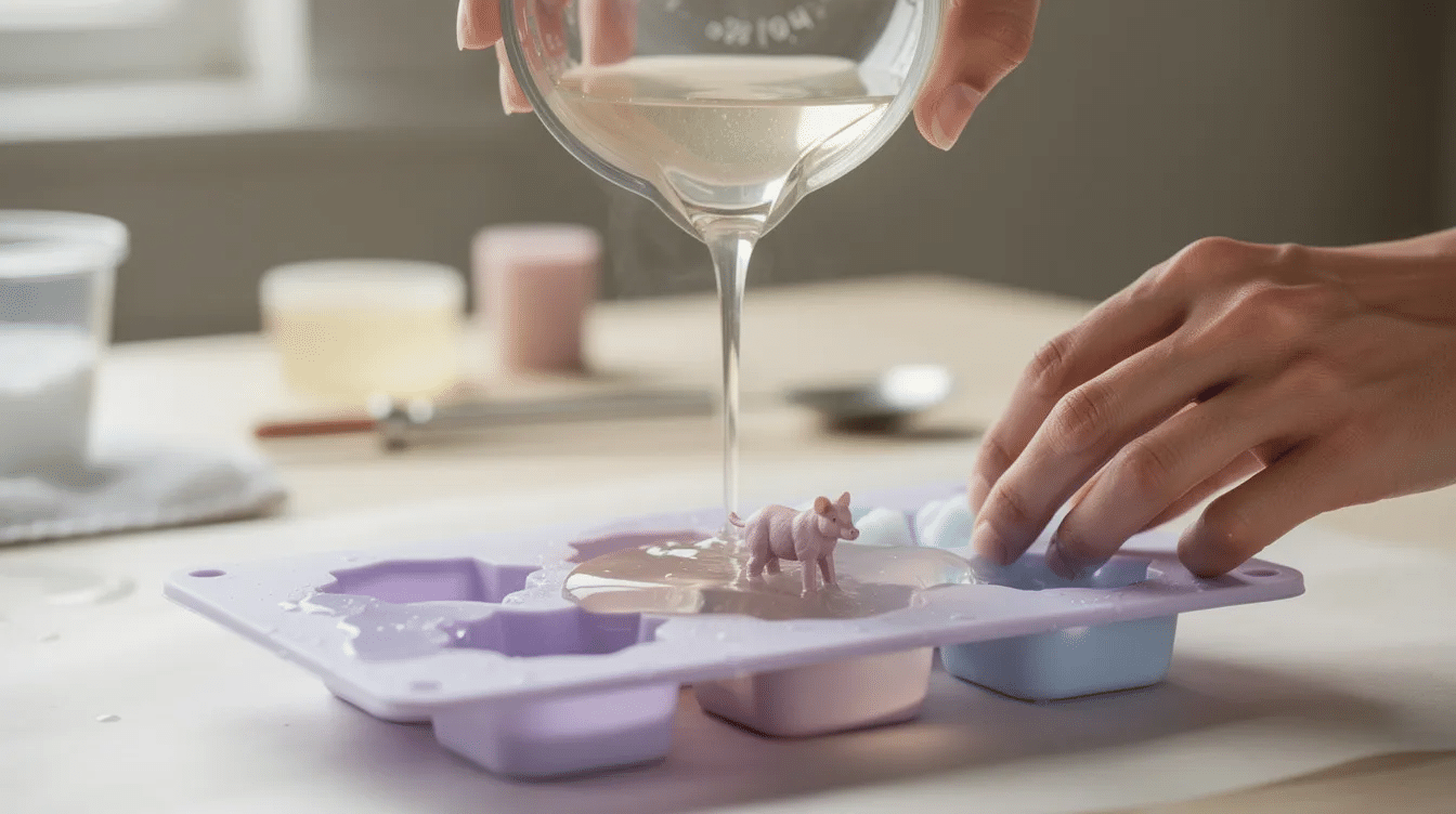b1eac7f4-db7e-4f06-9e98-e1d8aab96c20 A pair of hands is pouring melted clear soap from a glass jug into a silicone mold, which contains a small plastic toy animal, creating a fun surprise for kids during bath time. The scene captures the essence of handmade toy soaps, perfect for discovering new ways to make washing enjoyable.