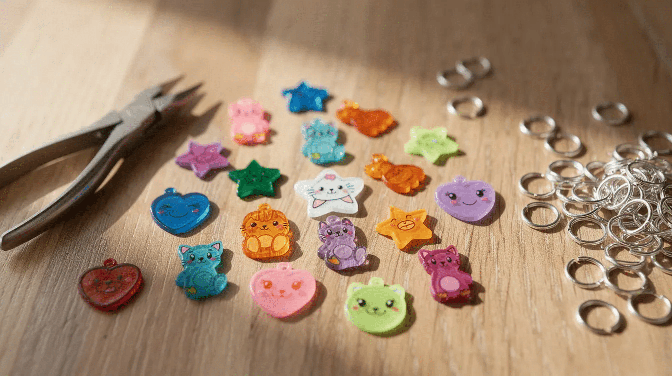 b2f5bf82-fcb9-49cb-8585-e35653002318 A colorful assortment of handmade shrink plastic charms in various shapes, including stars, hearts, and animals, is displayed on a wooden table alongside a pair of small pliers and jump rings, showcasing the fun and creativity of DIY plastic jewelry crafting.