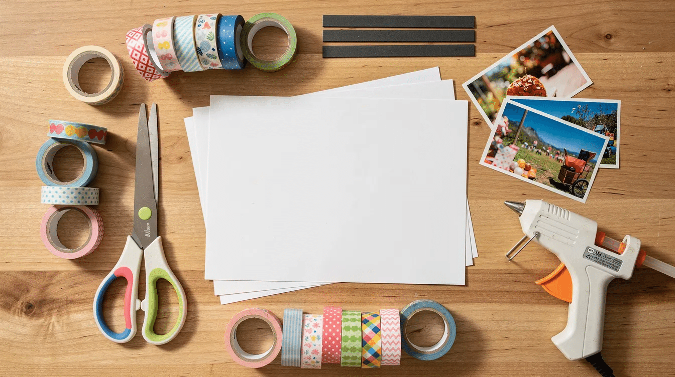 b387628b-603b-4aa1-8bbb-0eba5c602e17 A flat lay of craft supplies on a wooden table features colorful rolls of washi tape, scissors, a small glue gun, magnetic strips, white card, and printed photos, including polaroid magnets of favorite memories. This arrangement showcases tools for creating and displaying cherished pictures, perfect for decorating lockers or fridges.
