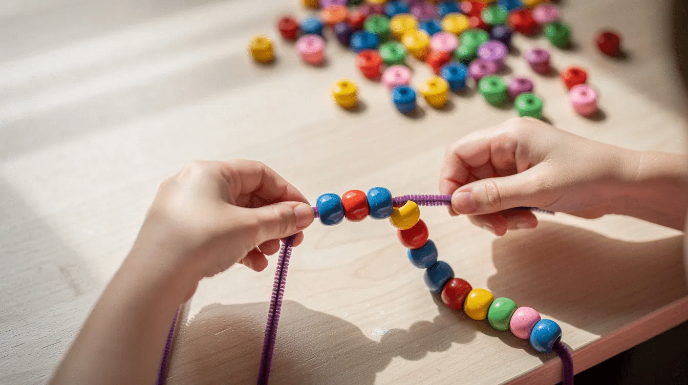 b3bb3ec7-b035-4008-8944-170892b0f123 A child's hands are busy threading large, colorful pony beads onto a bright purple pipe cleaner on a wooden table, creating a vibrant pipe cleaner necklace. The scene captures the joy of crafting, showcasing the fun and creativity involved in making jewelry with simple supplies.