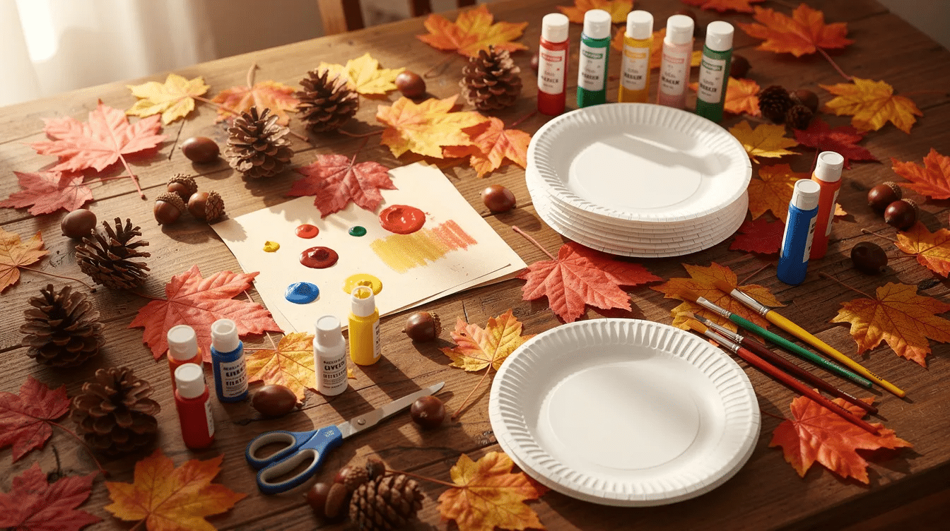 b432f1e1-82d9-4ae1-b9f9-0ba77cf5794d The image shows a vibrant table filled with various fall craft supplies such as colorful leaves, pinecones, acorns, paper plates, and glue sticks, perfect for preschoolers to engage in fun fall crafts. This setup encourages creativity and fine motor skills as children explore easy kids crafts and woodland animal crafts during the autumn season.