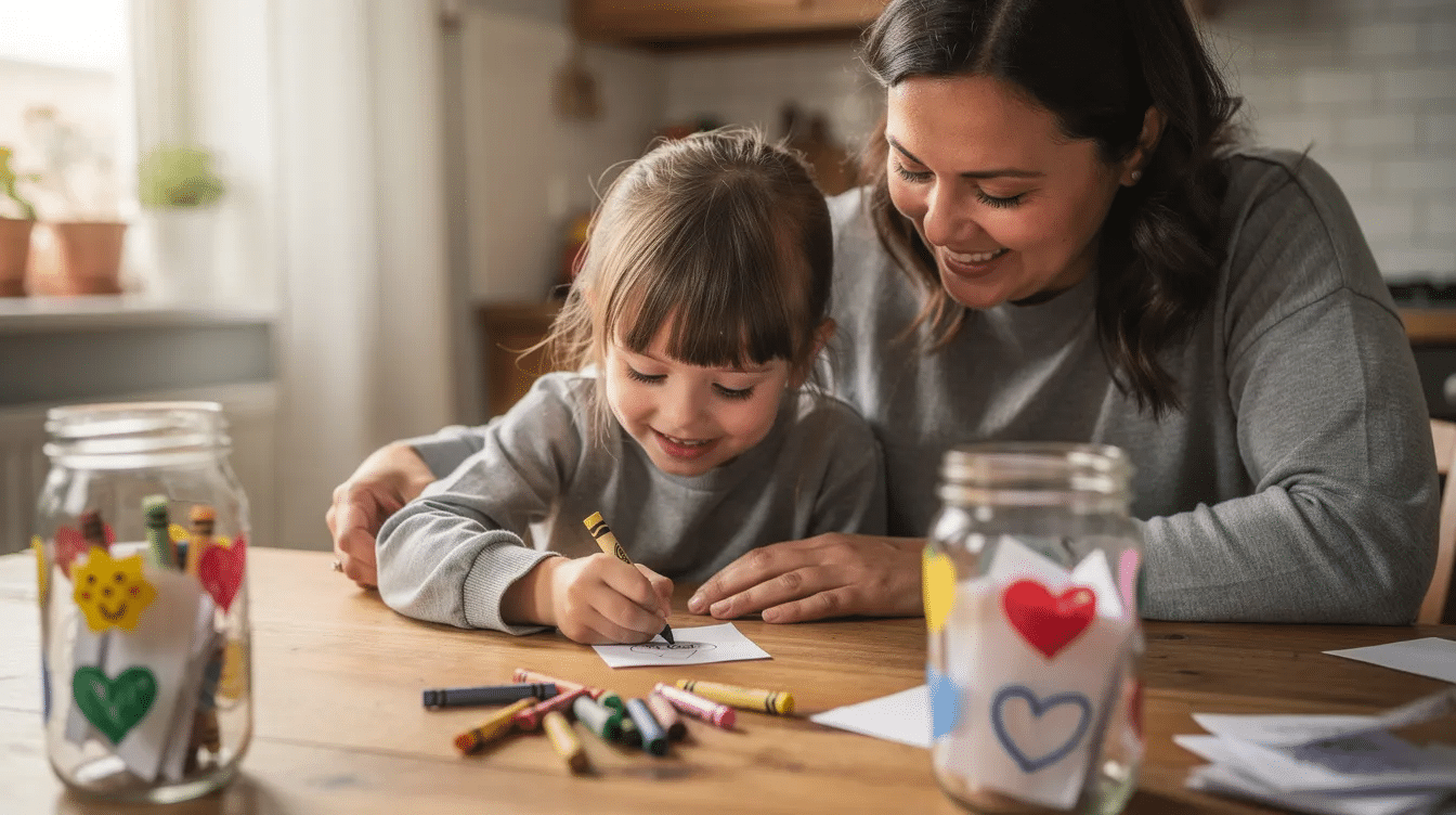 b44d414e-b21a-42c3-bdd4-9d21696ec78e A parent and child sit together at a table, happily drawing colorful pictures on small slips of paper with crayons, while a decorated dream jar filled with positive thoughts stands nearby, symbolizing their hopes and imagination. This creative moment captures the essence of sharing dreams and overcoming worries in a fun and loving environment.