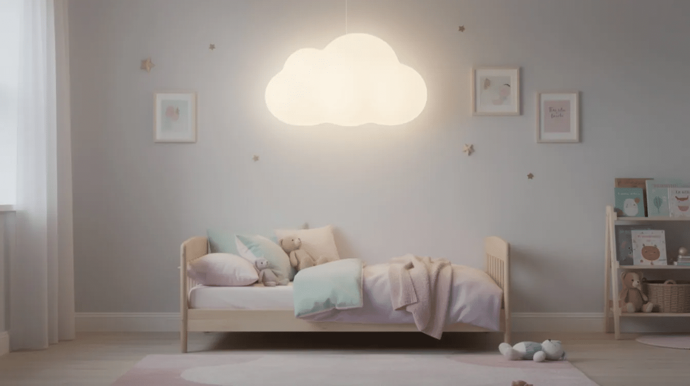 b4c30be2-481f-4cbe-a09a-2f65242e4405 A soft, glowing, cloud-shaped pendant lamp hangs from the ceiling in a pastel-colored children's bedroom, creating a bright and whimsical atmosphere. This stylish lamp, inspired by DIY ideas and IKEA lampshades, adds a playful touch to the decor, making it a perfect example of affordable and fun home lighting.