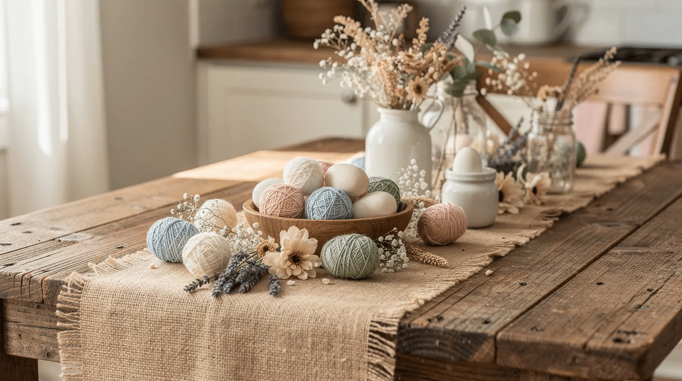 b50734ef-d636-4a3f-b8b8-48be015ff2d7 A charming farmhouse style Easter display features a wooden table adorned with burlap runners, twine-wrapped eggs, and dried flowers, creating a delightful atmosphere for the Easter season. This setup showcases adorable Easter crafts, perfect for adding a touch of spring decor to any home.