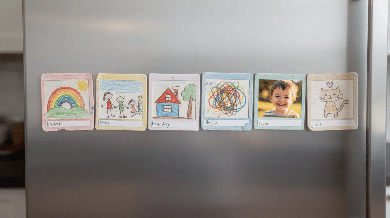 b56d5091-603d-4013-8e14-cafdbccf3428 A row of six colorful handmade polaroid magnets is displayed on a stainless steel fridge, each showcasing a unique child's drawing or small photo, evoking memories and inspiration. The vibrant pictures are held securely against the magnetic surface, adding a personal touch to the kitchen decor.