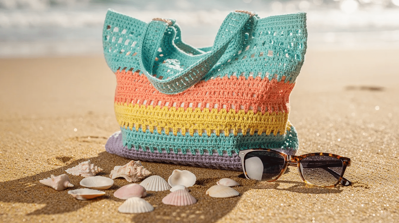 b65571b9-560d-430c-b50e-ecba76f310e1 A vibrant summer crochet tote bag made with colorful double crochet stitches rests on golden sand, surrounded by seashells and a stylish pair of sunglasses, evoking a perfect beach day. This crochet summer bag, crafted from acrylic yarn, adds a cheerful touch to the seaside scene.