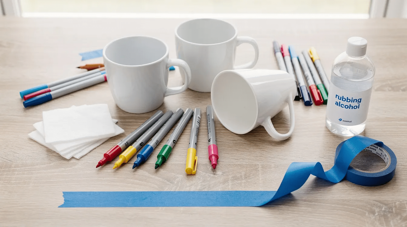 b65e42a3-0b69-4888-a699-c293420605bd A flat lay of craft supplies features white mugs alongside colorful paint pens, cotton pads, a bottle of rubbing alcohol, and painter's tape, perfect for creating DIY Sharpie mugs. This arrangement showcases the essentials for a fun project that turns inexpensive mugs into beautiful, personalized gifts.