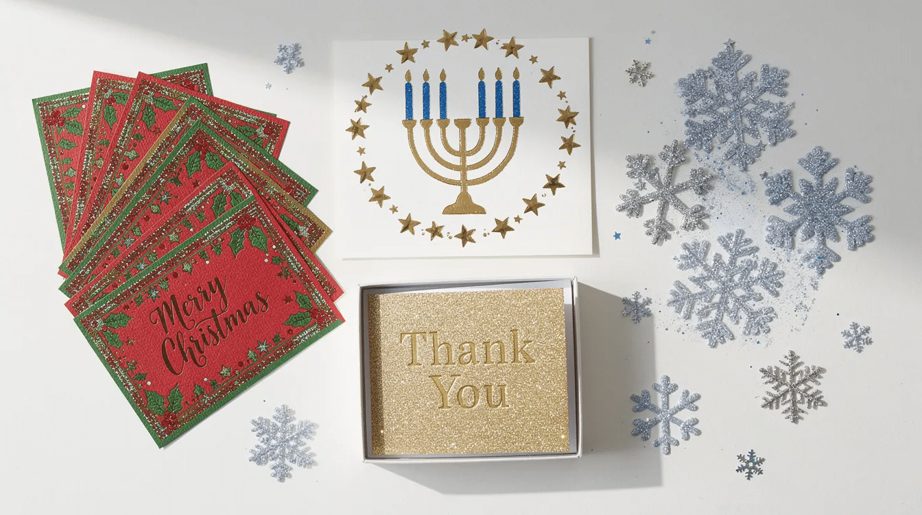 b6a7db83-dfec-46dd-9ec8-91030e4a3918 The image features a collection of elegant glitter thank you cards designed for the holiday season, showcasing festive red and green glitter, gold stars surrounding a menorah, and frosty blue snowflakes. These standard size greeting cards are perfect for expressing gratitude during Christmas and other seasonal celebrations.