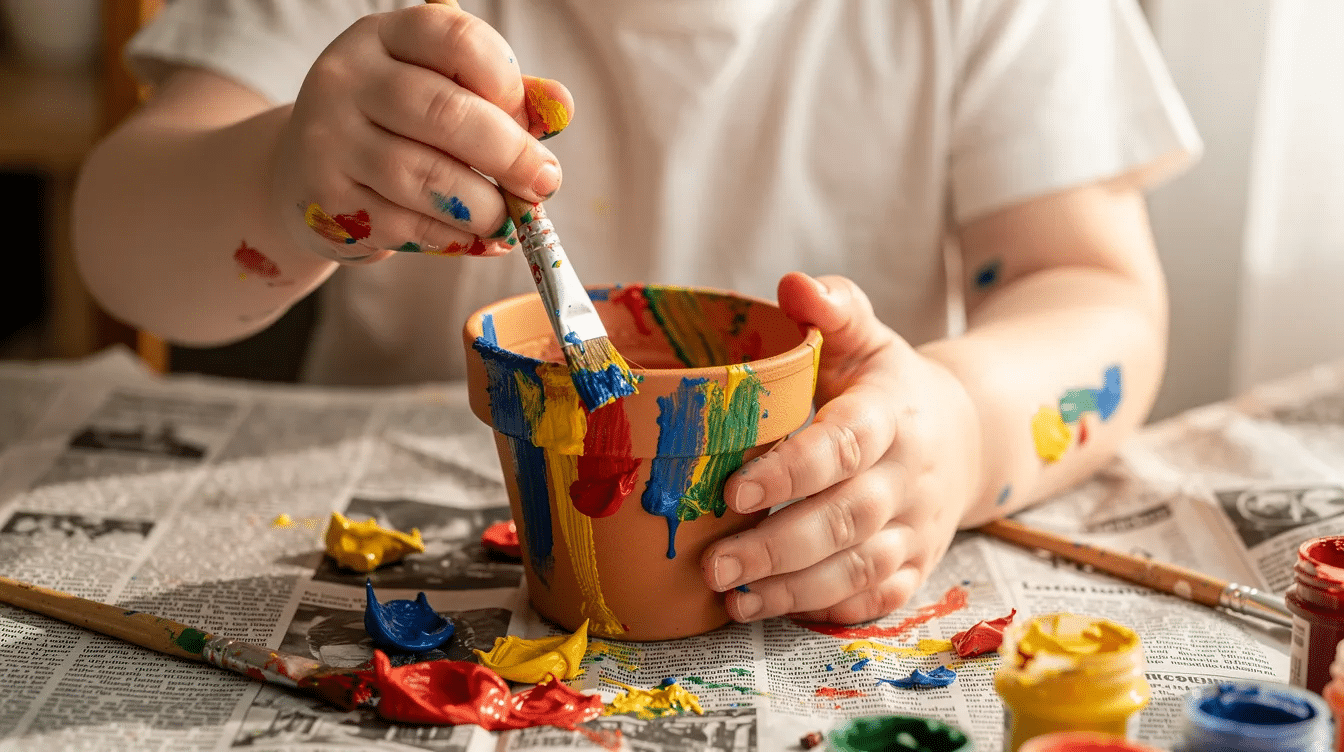 b73e91b3-d00e-42af-91bc-8548376913ab A young child's hands are joyfully painting a small terracotta garden pot with bright colors, set on a newspaper-covered table, showcasing the fun and creativity of DIY clay plant pot projects. The vibrant hues contrast with the natural clay texture of the pot, capturing a moment of artistic expression.