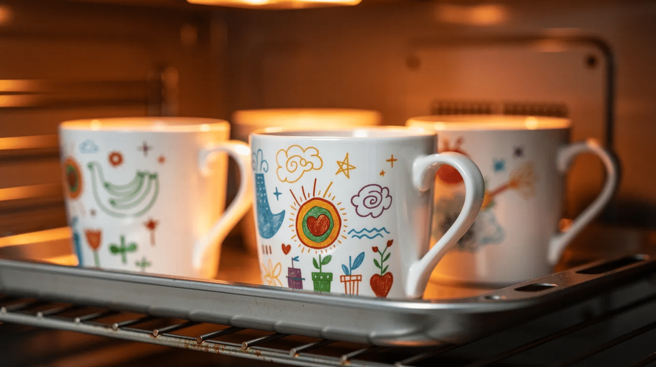 b7e398a0-6bd2-403d-b38a-af0009749737 A collection of white ceramic mugs with colorful drawings made using oil-based sharpies is placed on a baking tray inside a cold kitchen oven, showcasing a fun DIY project for creating personalized sharpie mugs. The vibrant designs indicate a creative process, perfect for a unique gift or home decoration.